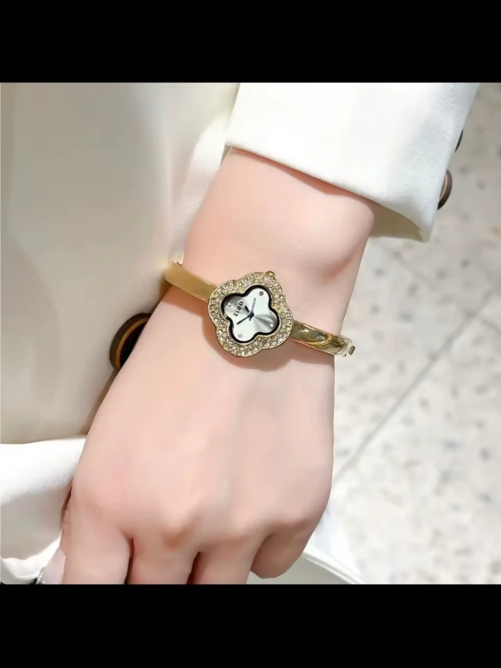 Gold Flower-Shaped Crystal Bangle Watch